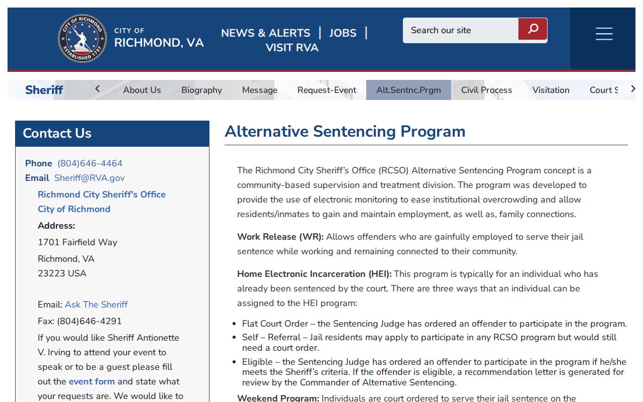 Richmond City release and community custody alternatives