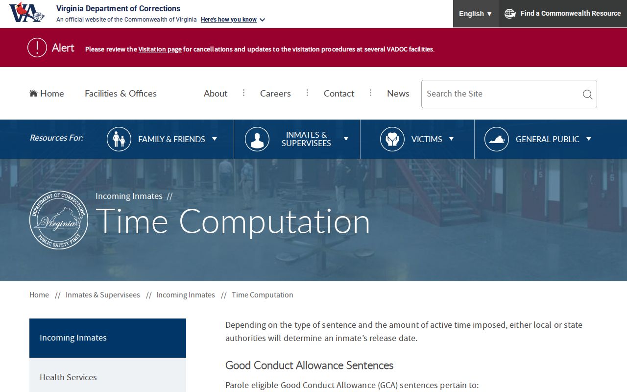 VADOC time computation for Richmond City projected release dates