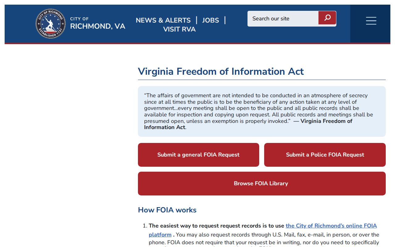 Richmond City release record access through the city FOIA guide