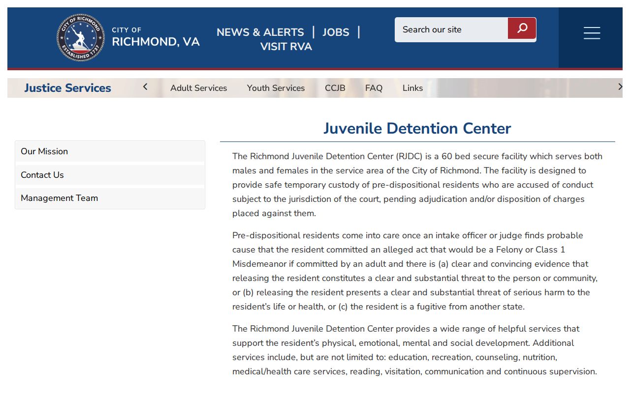 Richmond Juvenile Detention Center official release contact page