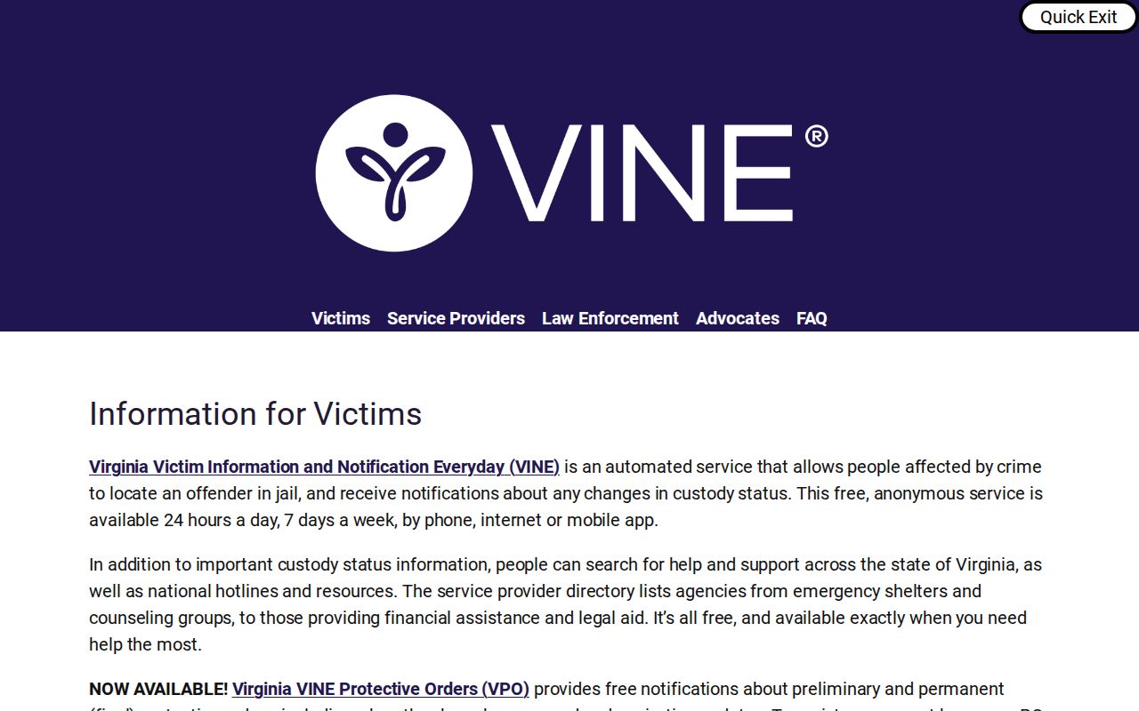 Virginia VINE Richmond City inmate notification landing page